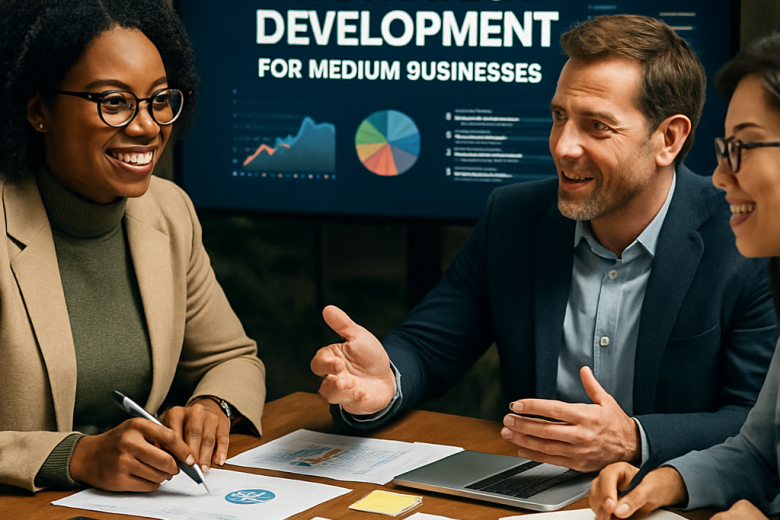 A collaborative meeting scene illustrating the development of a PR strategy for medium businesses,