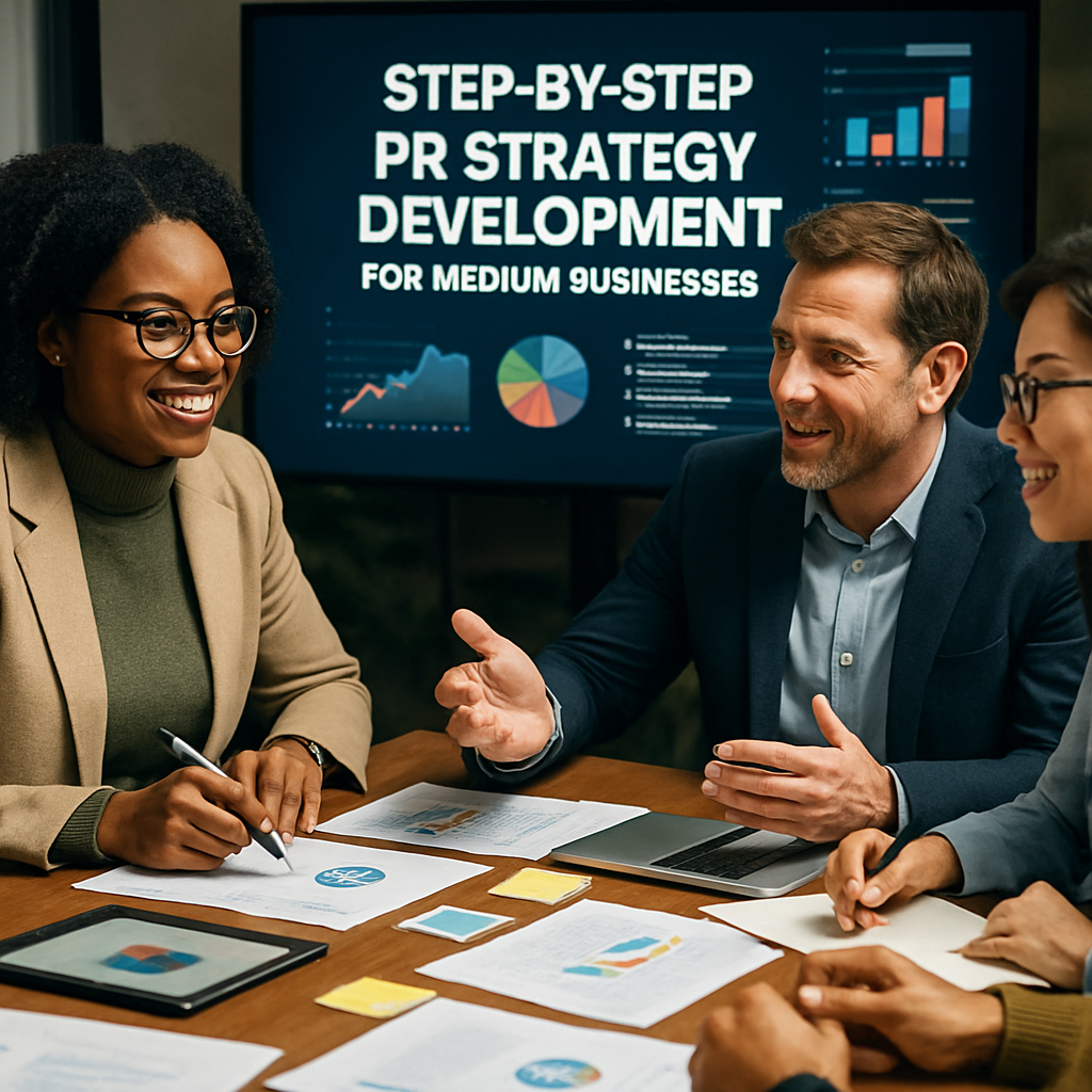 A collaborative meeting scene illustrating the development of a PR strategy for medium businesses,