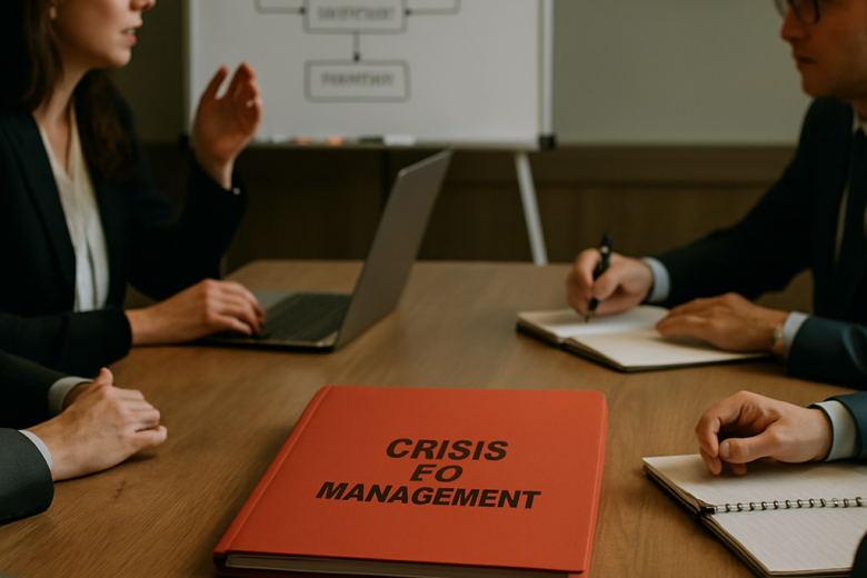 An organized crisis communication team at a conference table, with a Red Folder, crisis