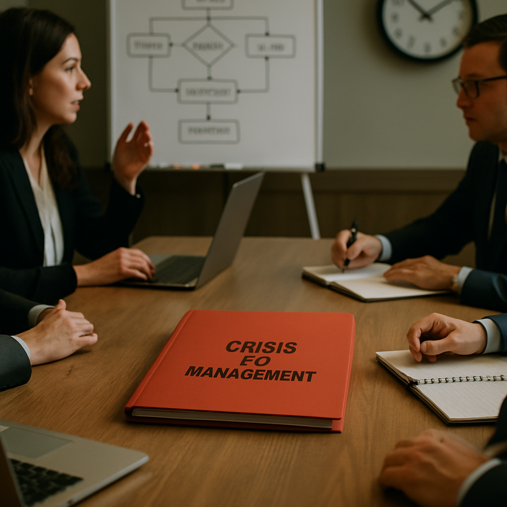 An organized crisis communication team at a conference table, with a Red Folder, crisis