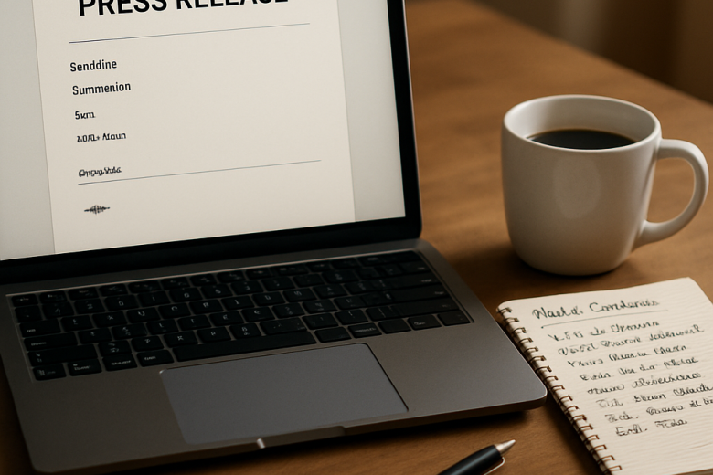 A styled workspace representing the preparation of a press release and media contacts, emphasizing