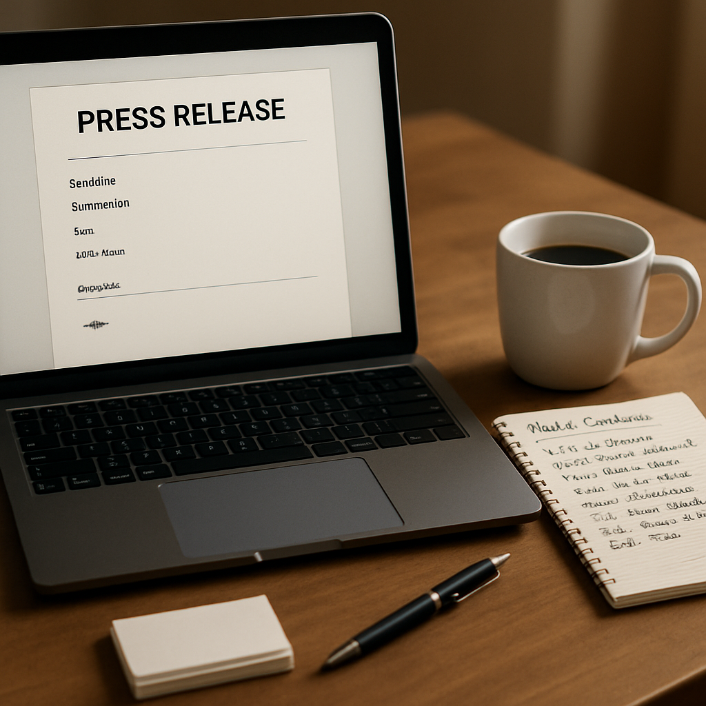 A styled workspace representing the preparation of a press release and media contacts, emphasizing