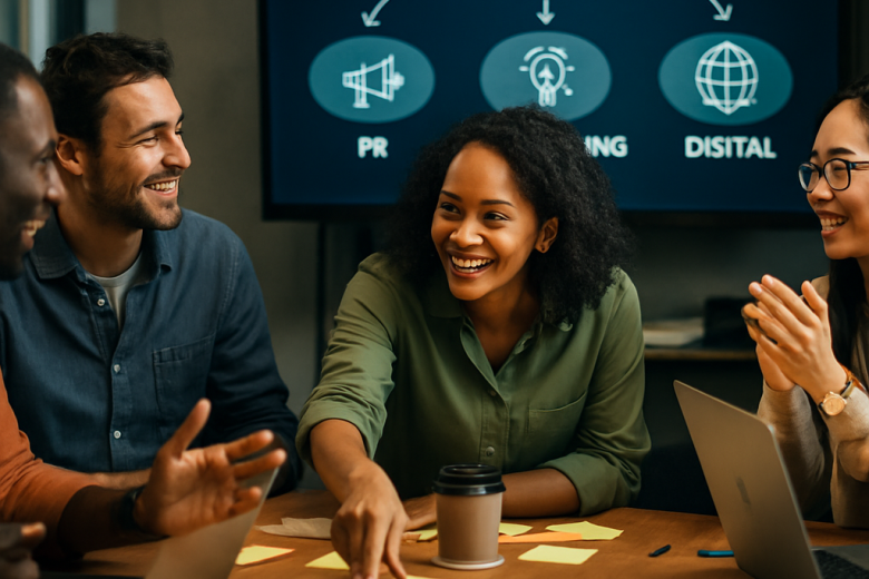 A diverse marketing team collaborating on an integrated communications strategy in a modern office,