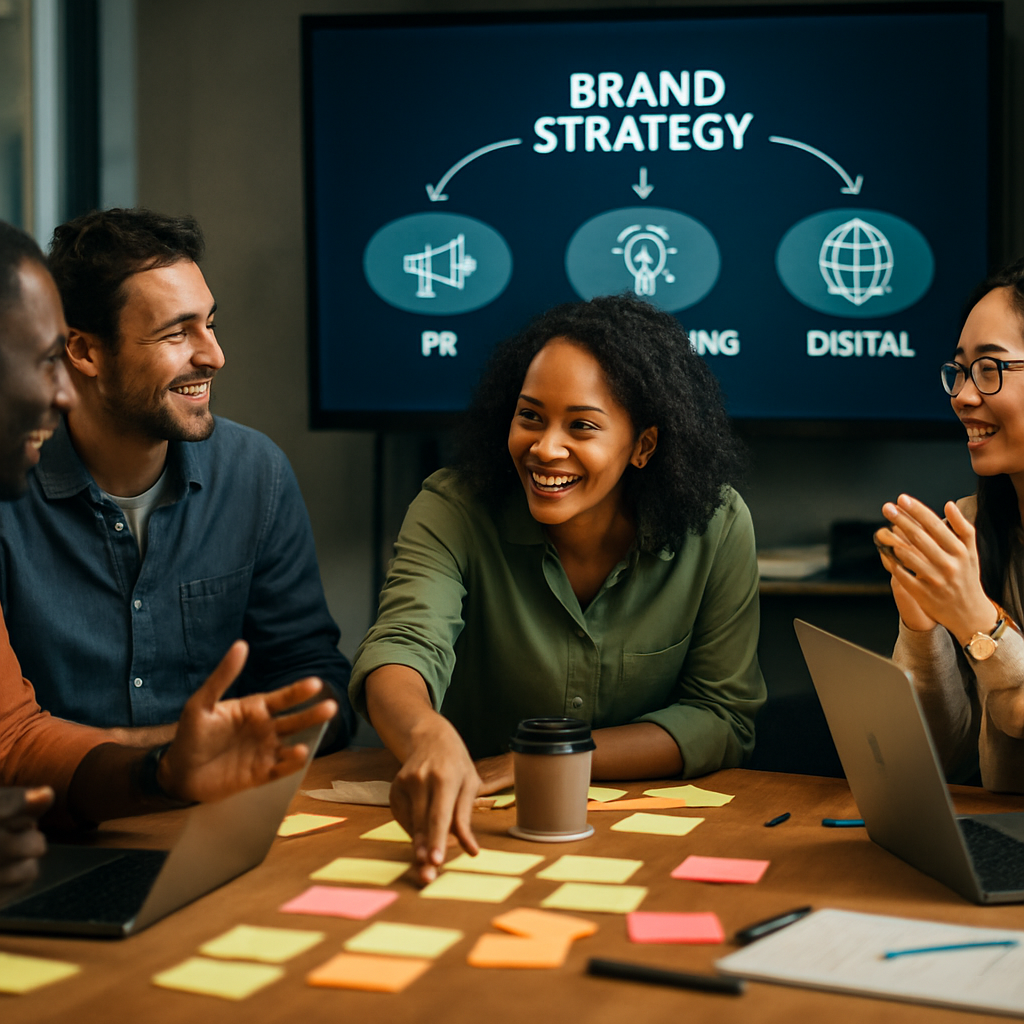 A diverse marketing team collaborating on an integrated communications strategy in a modern office,