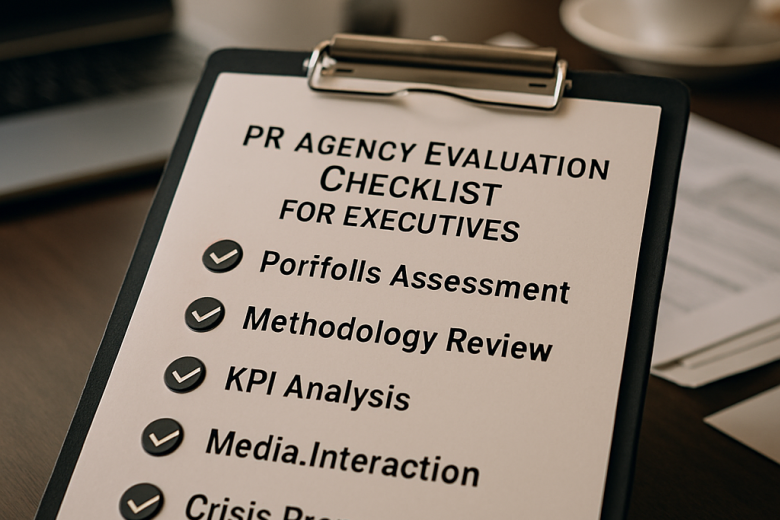 A checklist on a clipboard in a modern office setting, designed for evaluating PR