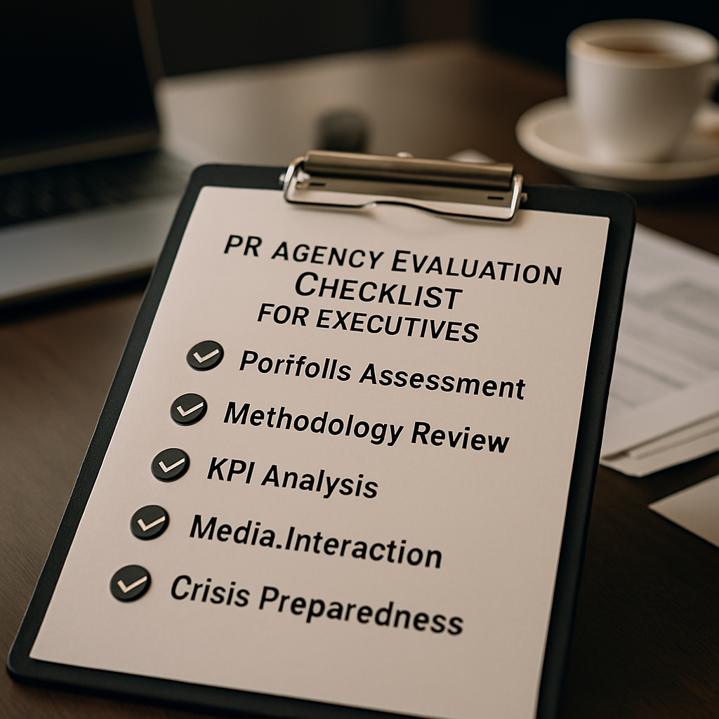A checklist on a clipboard in a modern office setting, designed for evaluating PR