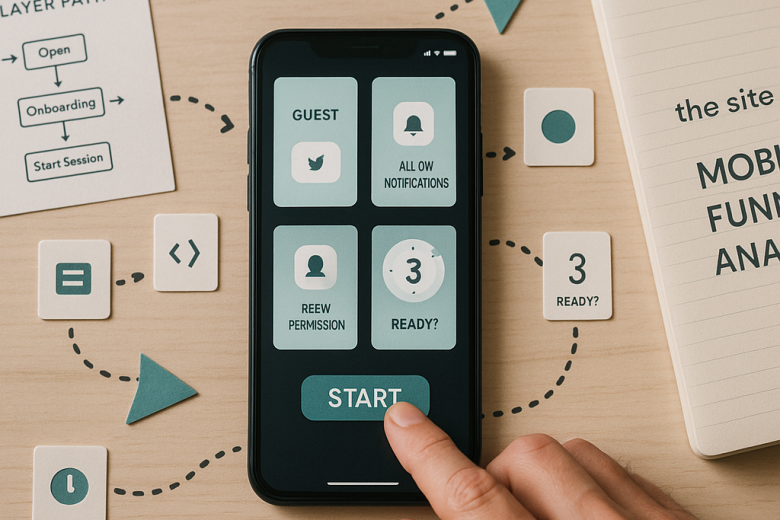 Top-down photo: adult hand taps Play on a smartphone while paper arrows and icons