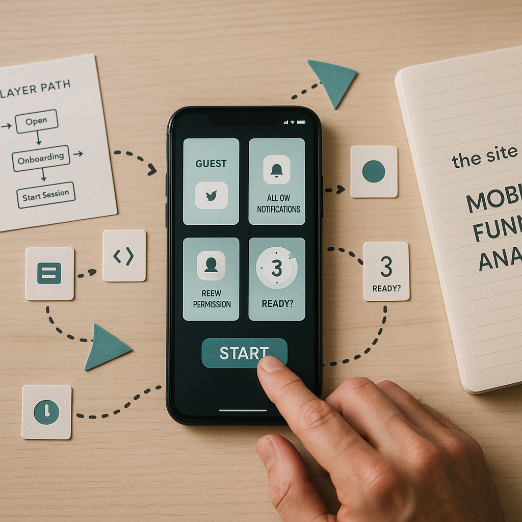 Top-down photo: adult hand taps Play on a smartphone while paper arrows and icons