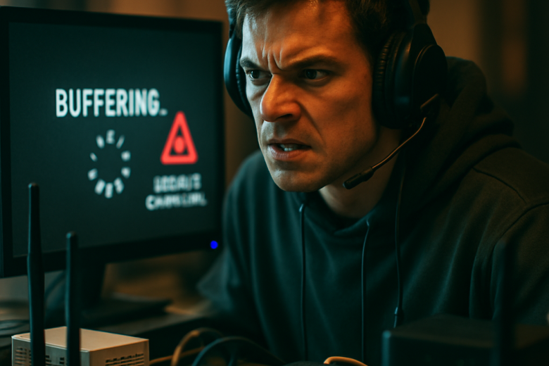 A gamer experiencing instability while gaming, surrounded by network equipment, with dramatic lighting highlighting