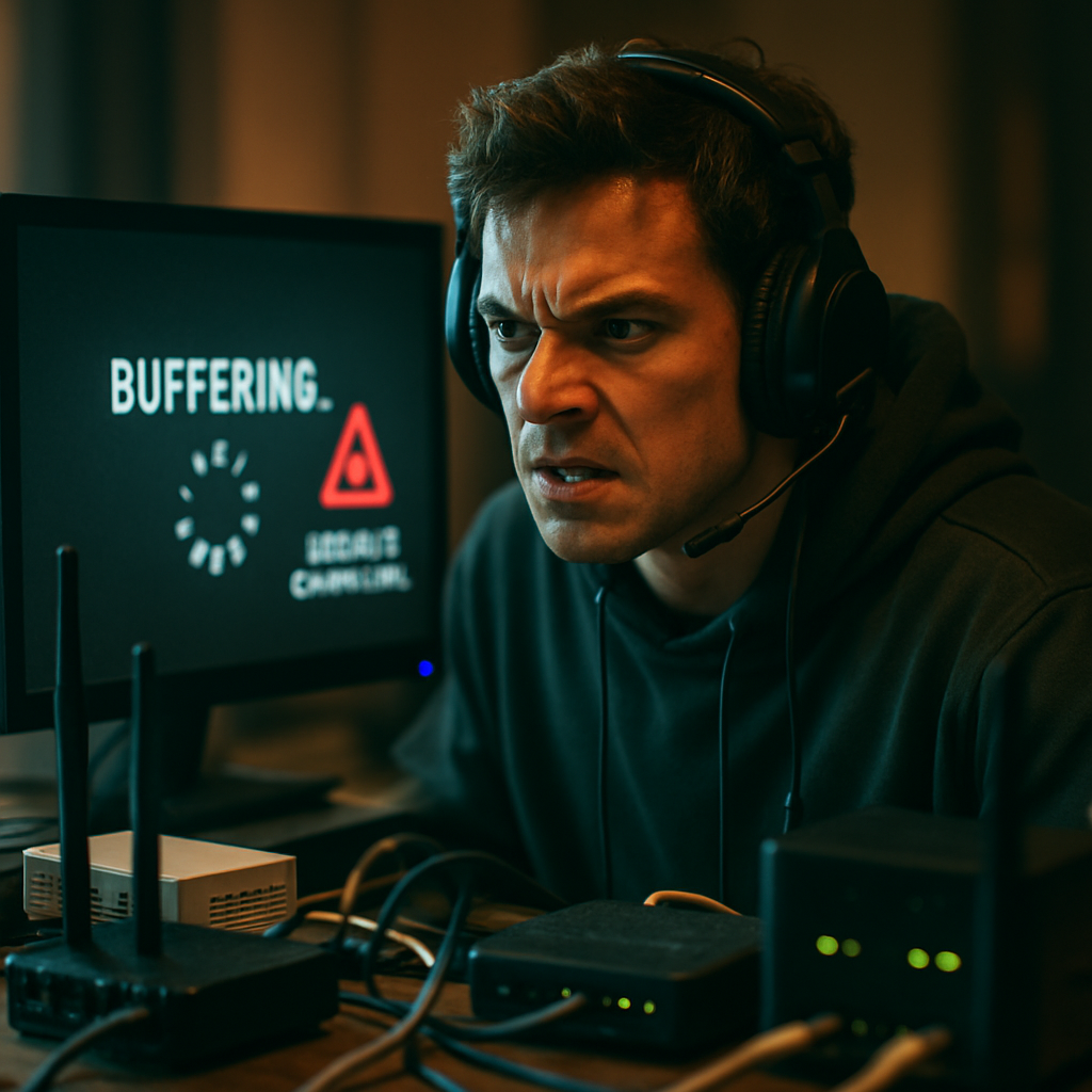 A gamer experiencing instability while gaming, surrounded by network equipment, with dramatic lighting highlighting